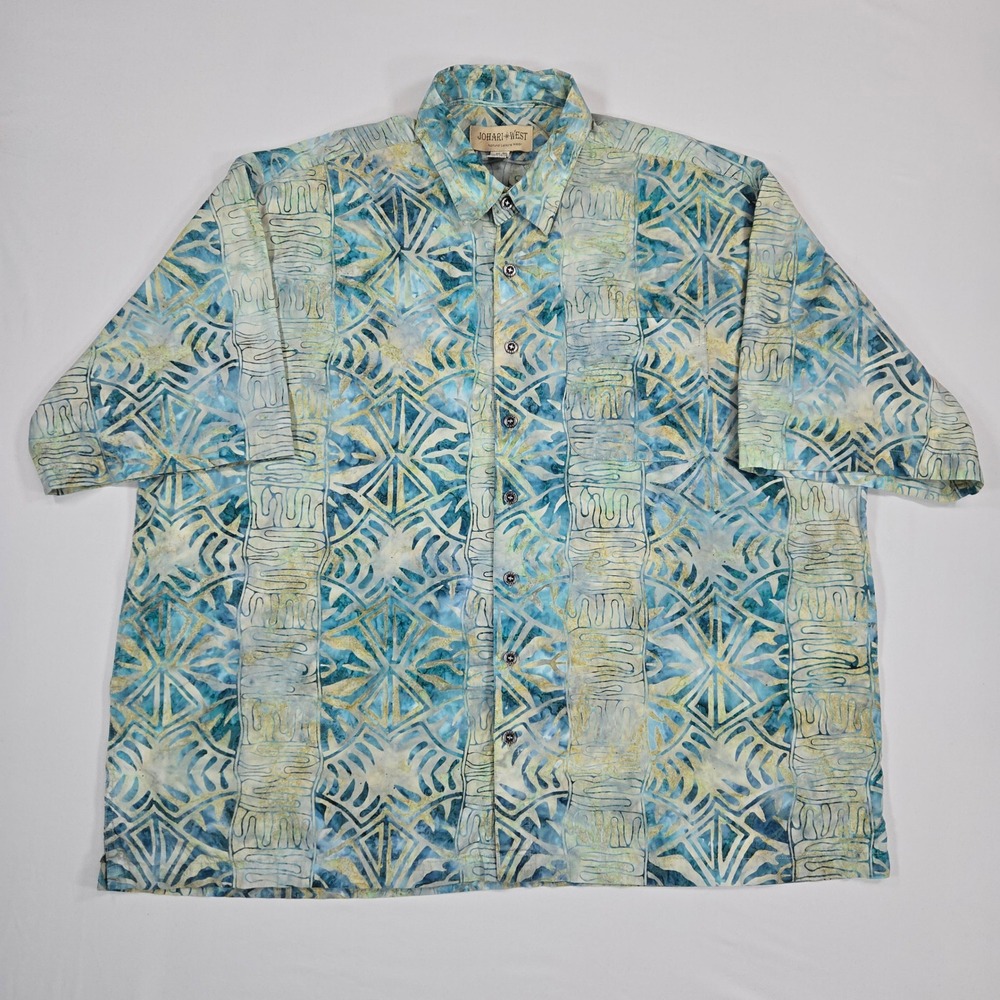 Johari West Hawaiian Shirt 4XL Green Batik Print 100% Cotton Casual Button Up